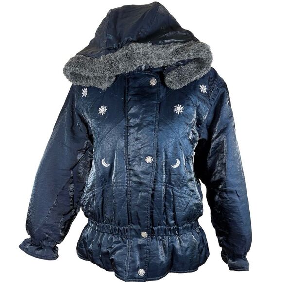Vintage Celestial Puffer Jacket | Navy Blue Faux Fur Hood – Y2K Moon & Sun - Picture 2 of 12